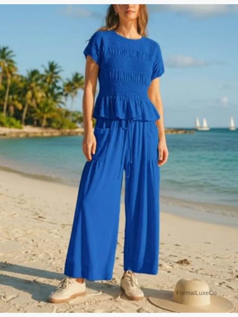 2 Piece Smocked Top Wide-Leg Pants Set Lounge Outfit with Pockets Matching Set